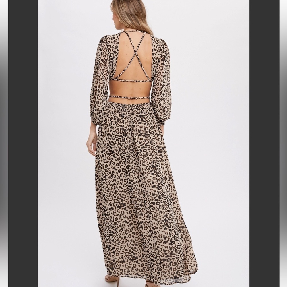 Leopard Long Sleeve Cut Out Open Back Maxi Dress